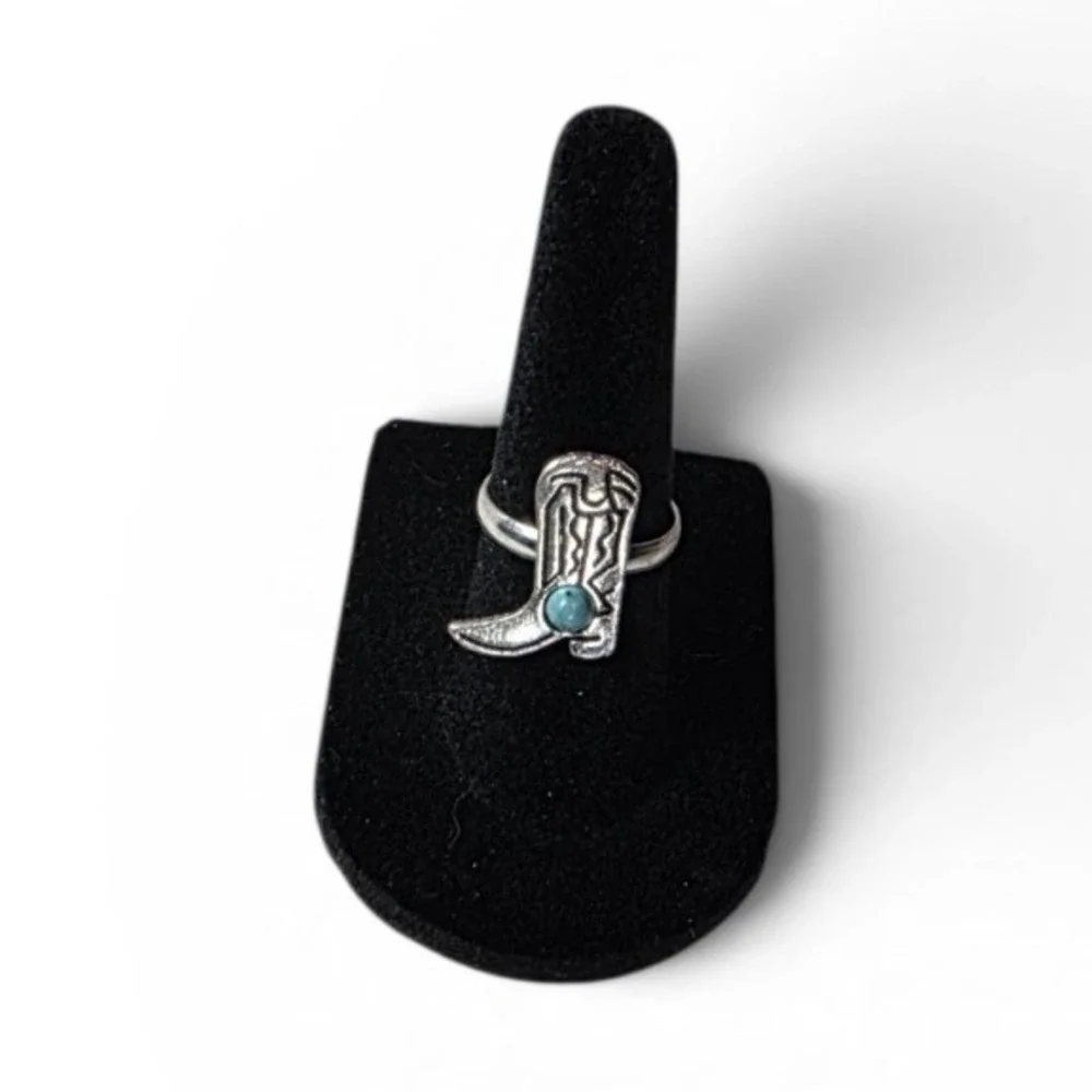 Western Boot Shape Adjustable Silver Ring Turquoise Round Bezel Stone Sz 5.5